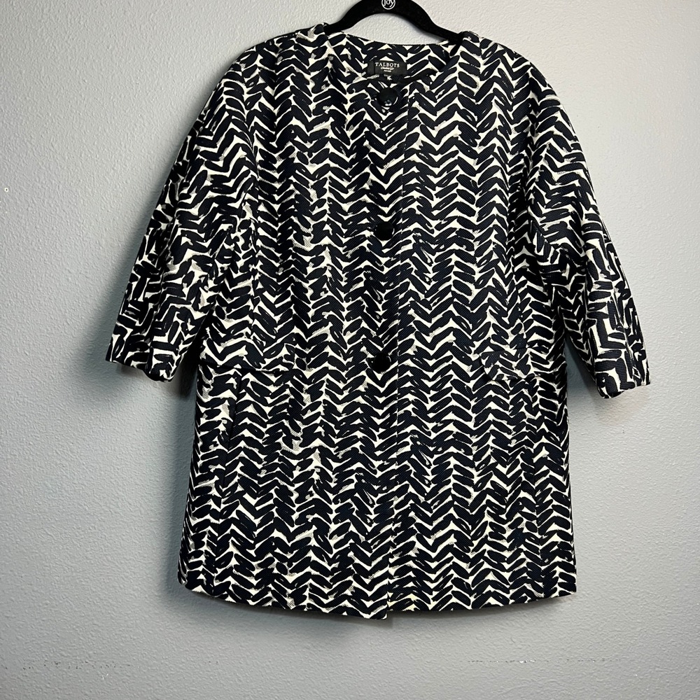 Talbots Petite Black White Geometric Print Collarless Jacket Women Size Sm